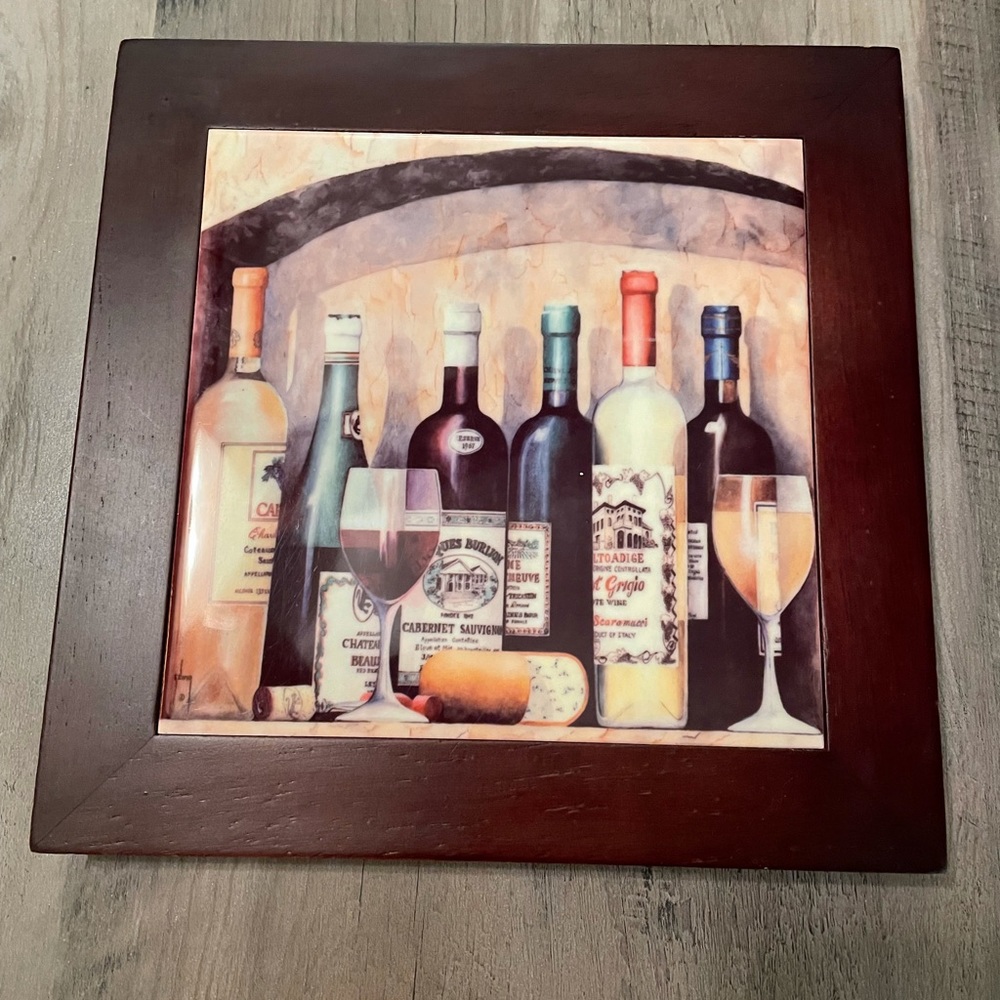 Wine, Cheese & Goblets Tile Print on Wood Frame